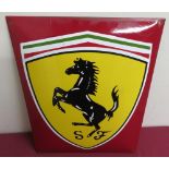 Red Ferrari enamel wall sign, with prancing horse in shield on yellow ground (49cm x 50cm)