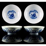 A pair of Chinese blue & white Immortals bowls, each painted to the inside with Shoulao and a