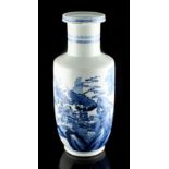 A late 19th / early 20th century Chinese blue & white rouleau vase, painted with warriors on