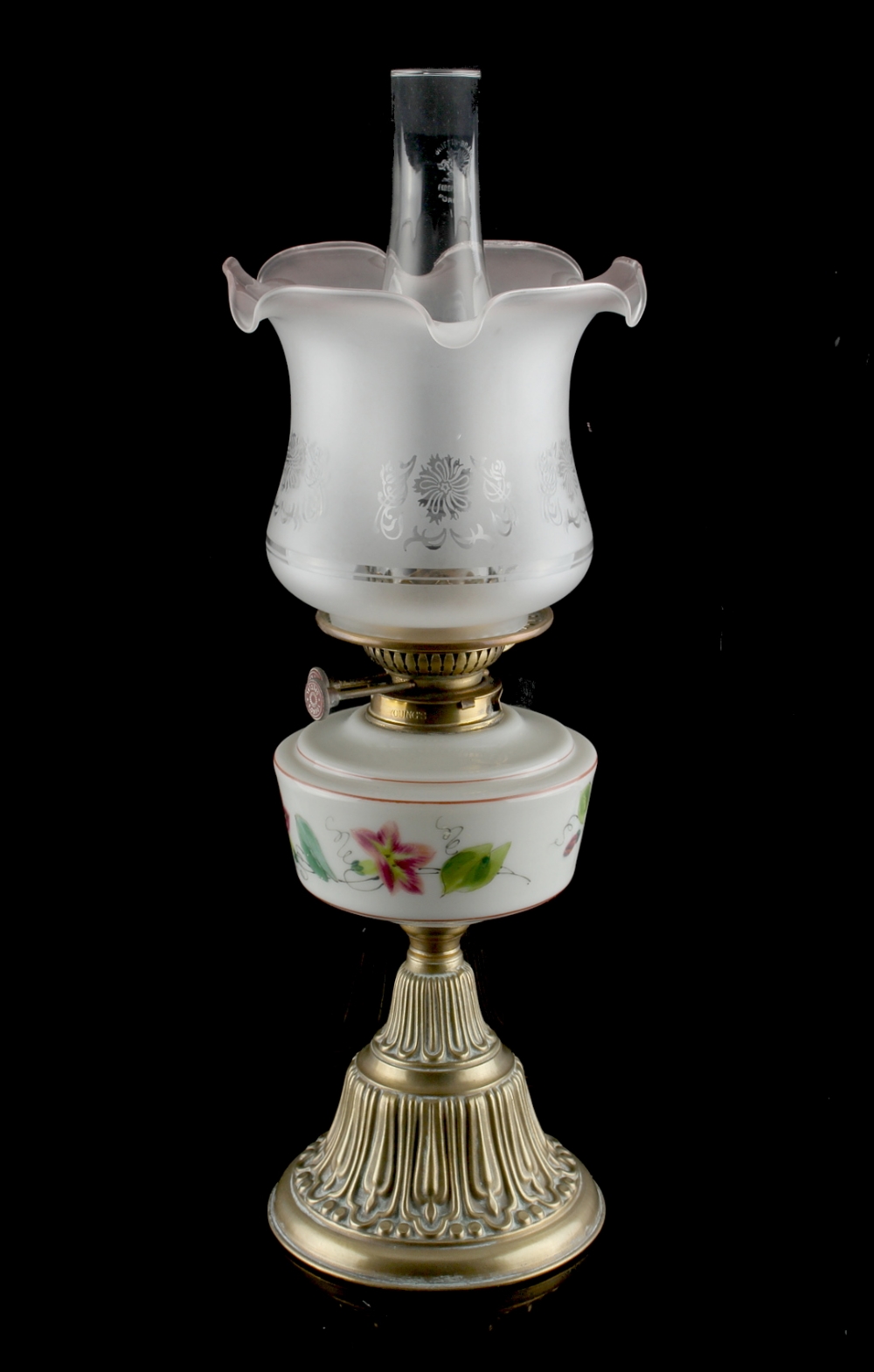 Property of a gentleman - a late 19th / early 20th century paraffin oil lamp with floral painted