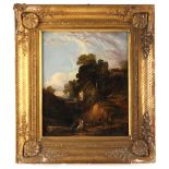 Property of a gentleman - English school, 19th century - FIGURES BY A BRIDGE IN A LANDSCAPE - oil on