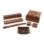 Property of a lady - a group of seven 19th century tunbridgeware items, the square box 6ins. (15.