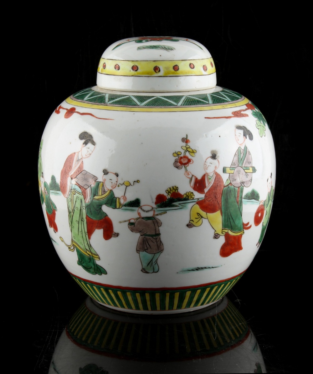 A late 19th / early 20th century Chinese ovoid ginger jar & cover, painted with boys playing in