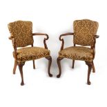 Property of a lady - a pair of George I style walnut carver chairs with shepherd's crook arms,