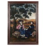 A 19th century Chinese reverse painting on glass depicting a seated gentleman & wife smoking