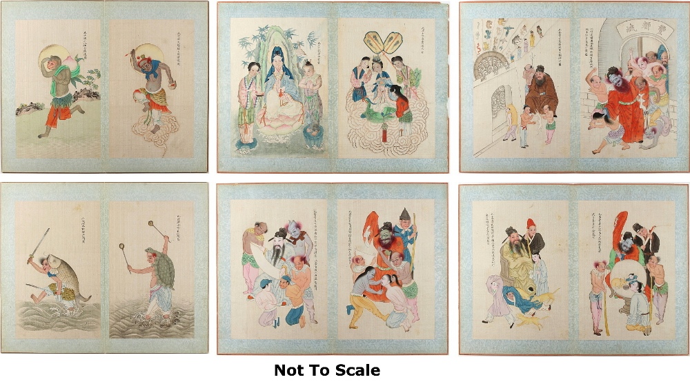 A folder containing twelve late 19th / early 20th century Chinese paintings on silk depicting scenes