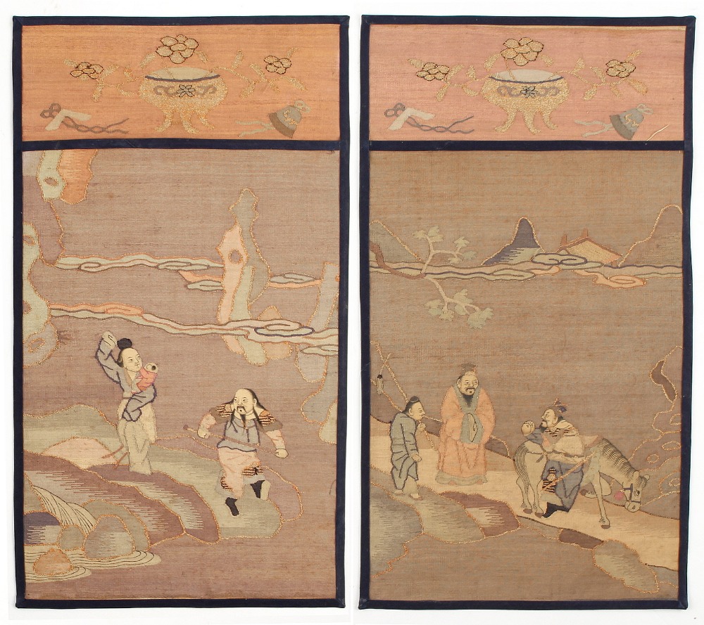 A pair of late 19th / early 20th century Chinese kesi silk panels depicting figures in landscapes,