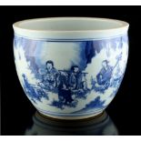A Chinese blue & white fishbowl planter, decorated with a continuous scene of musicians in a
