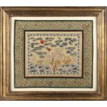 Property of a deceased estate - a Chinese embroidered silk rectangular panel depicting a red crowned