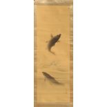 An early 20th century Japanese scroll painting on silk depicting two carp, signed & with red seal,