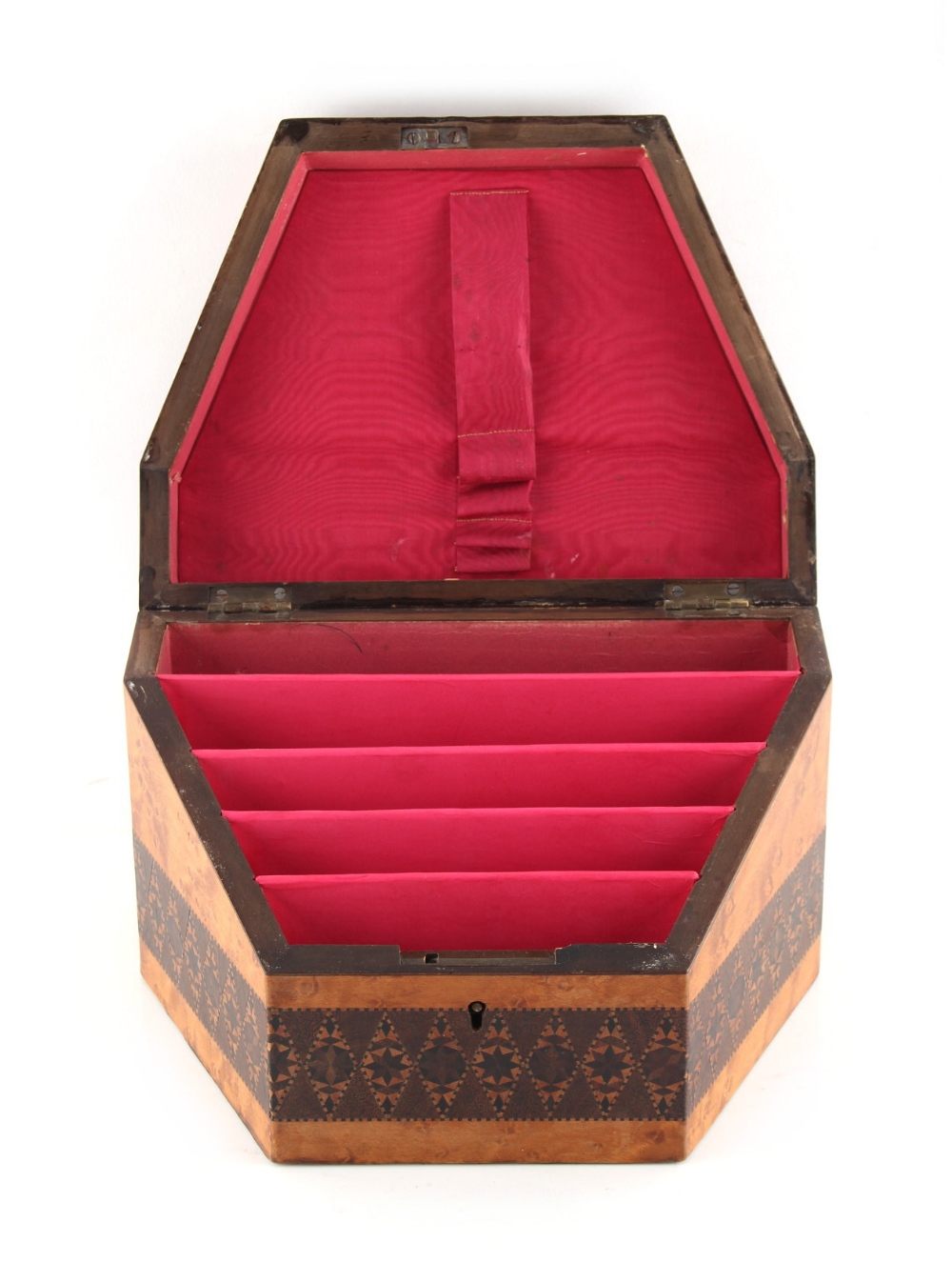 Property of a lady - a 19th century tunbridgeware stationery box, the hinged sloping lid decorated - Image 2 of 2