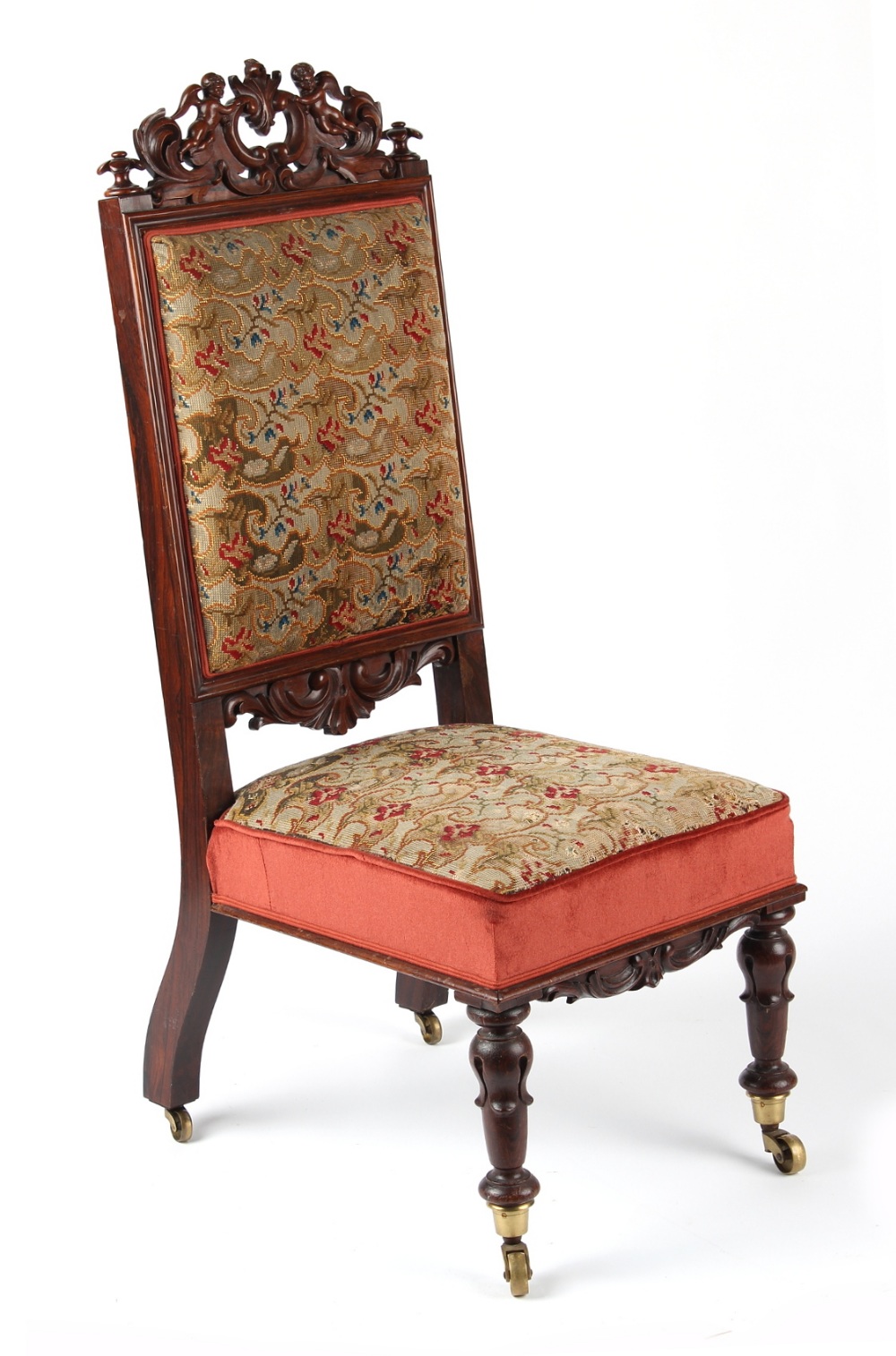 Property of a lady - a Victorian carved mahogany & needlework upholstered nursing chair with