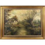 Property of a lady - late 20th century - THATCHED COTTAGE BY RIVER - oil on canvas, 19.8 by 27.7ins.