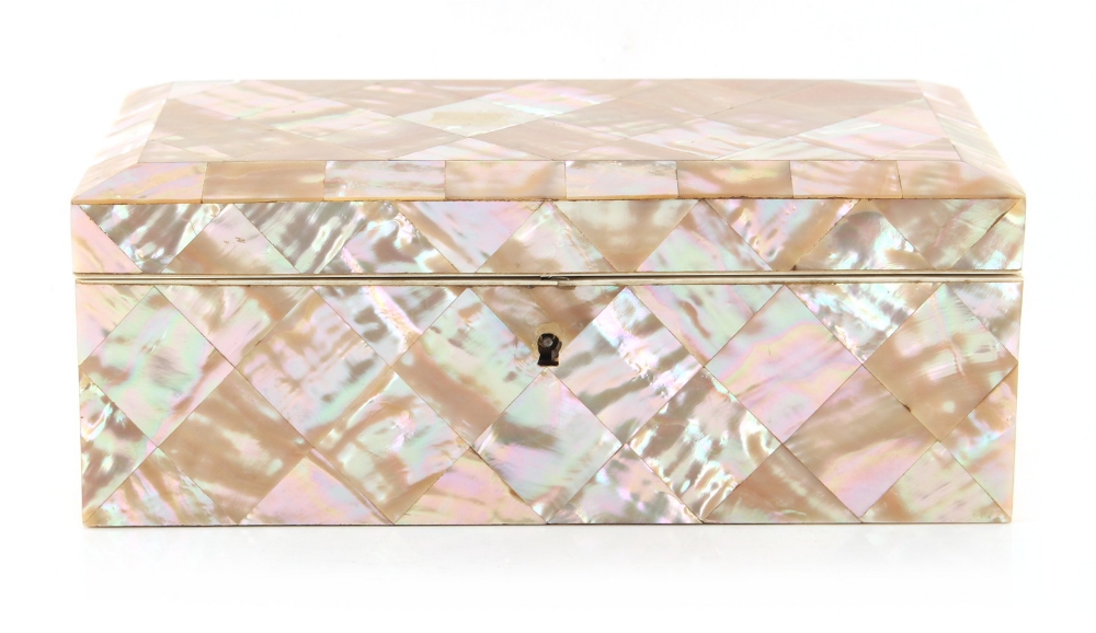 Property of a lady - a 19th century mother-of-pearl rectangular box, with silk lined interior, 7.
