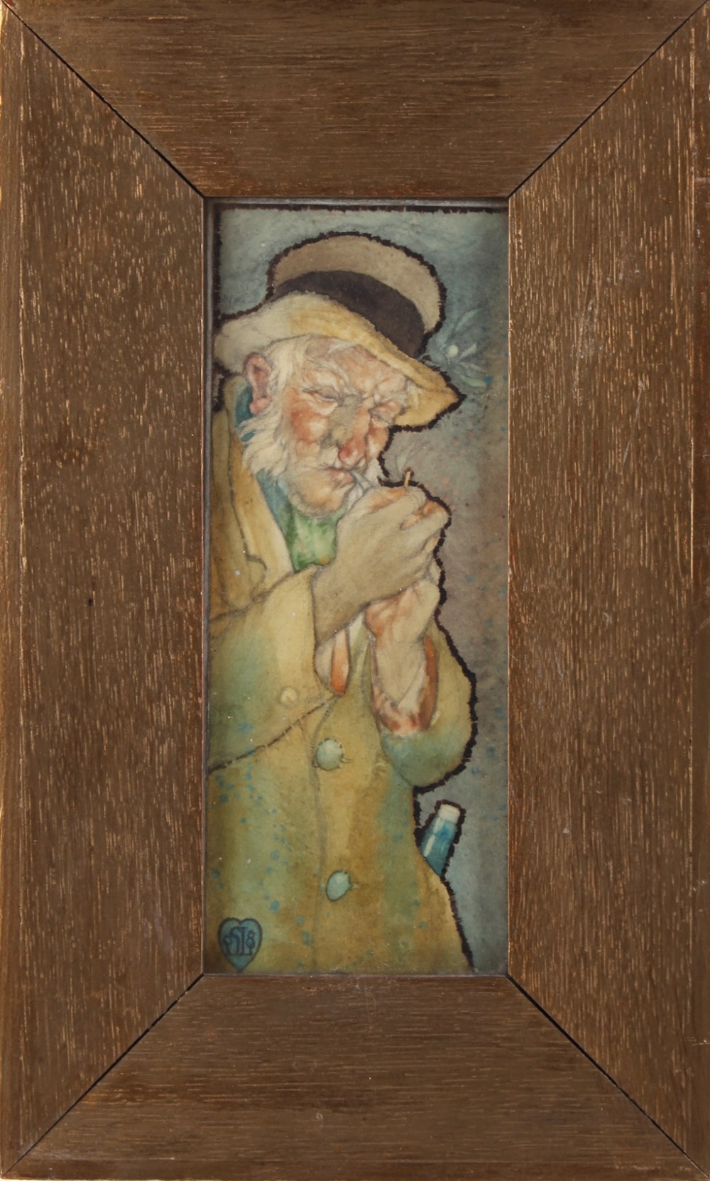 Property of a gentleman - early 20th century - A TRAMP LIGHTING HIS PIPE - watercolour, 8.75 by 3.