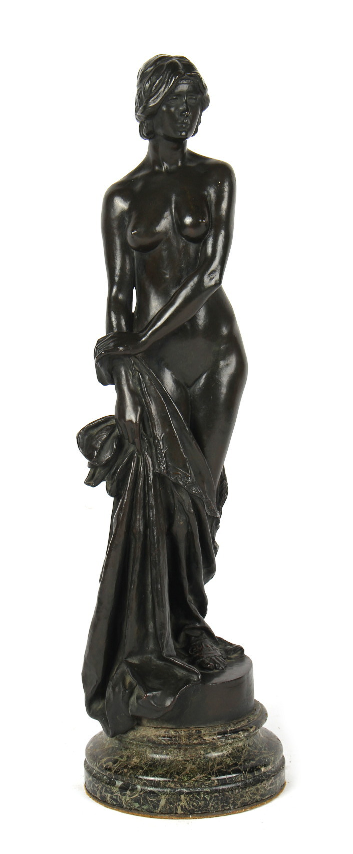 Property of a lady - an Art Nouveau patinated bronze figure of a nude maiden with drape, signed '