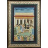 Property of a lady - an Indian painting on linen depicting a court scene, 28.75 by 19.5ins. (73 by