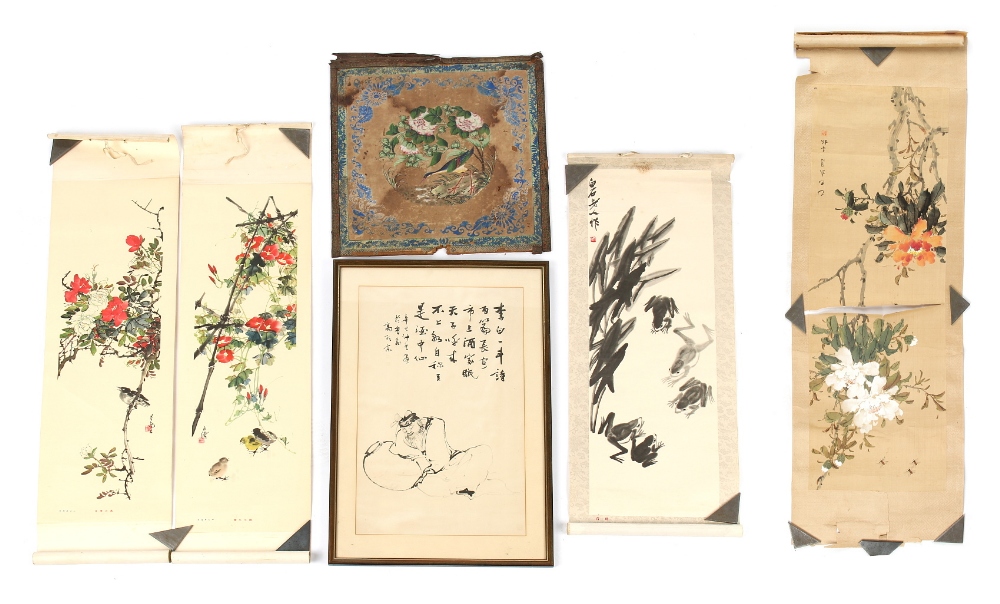 Property of a gentleman - a Chinese scroll painting on silk depicting bees & flowers, mid / late