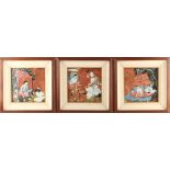 Property of a lady - a set of three Indonesian paintings on linen depicting figures, in matching