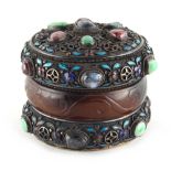 A late 19th / early 20th century Chinese silver filigree enamel & hardstone circular box, the body