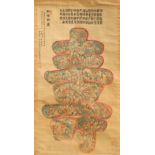 A late 19th / early 20th century Chinese scroll painting on silk depicting figures within a shou