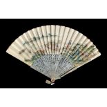A 19th century Chinese carved mother-of-pearl & painted fan depicting fishermen in boats & figures