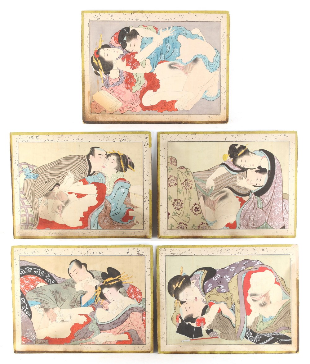 A set of five late 19th / early 20th century Japanese shunga (erotic) woodblock prints, mounted