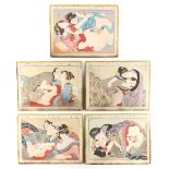 A set of five late 19th / early 20th century Japanese shunga (erotic) woodblock prints, mounted