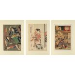 Three mid / late 19th century Japanese woodblock prints, two depicting Kabuki actors, the third