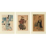 Three mid 19th century Japanese woodblock prints depicting bijins, by various artists, oban, mounted