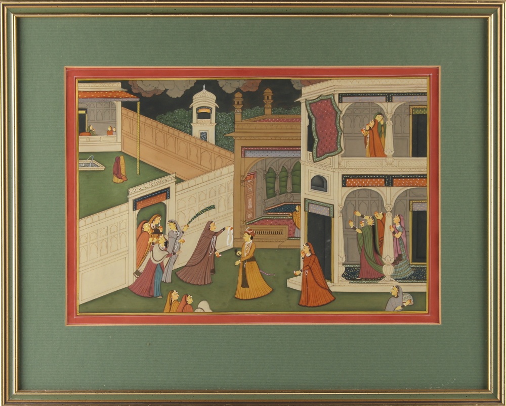 Property of a lady - an Indian gouache painting depicting a court scene, 7.7 by 11.4ins. (19.5 by