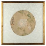 A 19th century Chinese painting on circular silk panel depicting a flowering branch, with