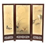 Property of a lady - an early 20th century Japanese hardwood three panel screen with painted silk