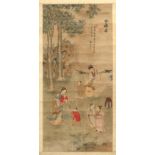 A late 19th century Chinese scroll painting on paper depicting a family in garden, with