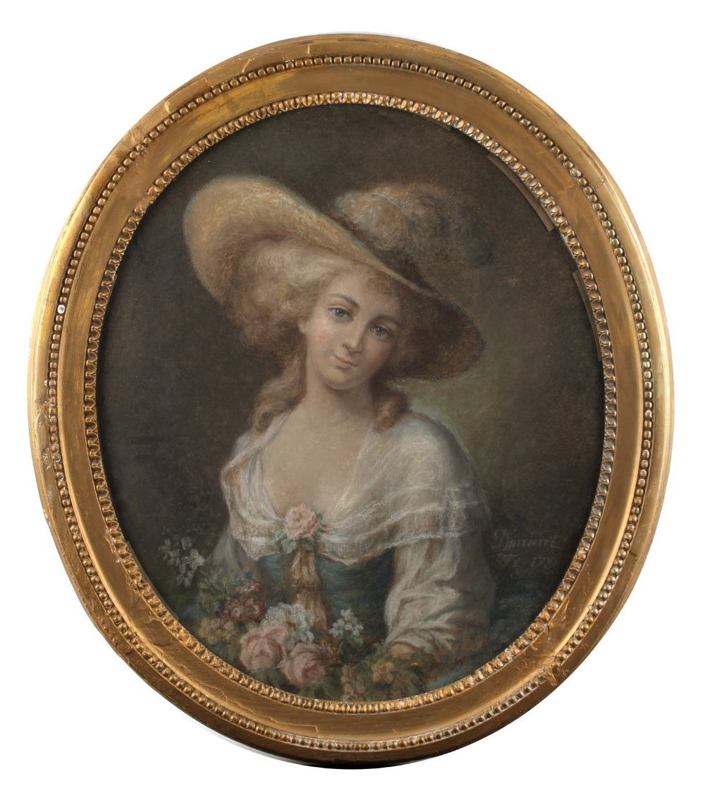 Dunan (late 18th century) - PORTRAIT OF A YOUNG LADY WITH FLOWERS - pastel on canvas, an oval, 25.75