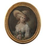 Dunan (late 18th century) - PORTRAIT OF A YOUNG LADY WITH FLOWERS - pastel on canvas, an oval, 25.75