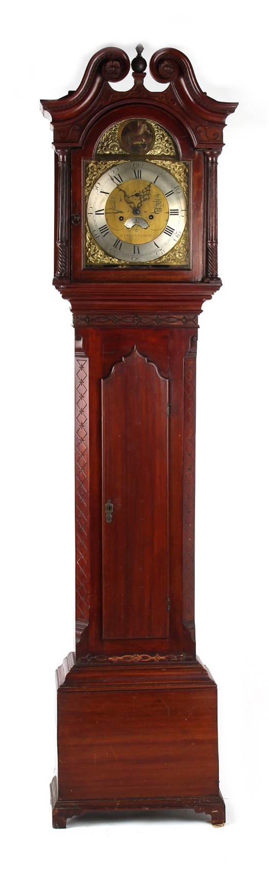 Property of a lady - a mahogany longcase clock with blind fretwork decorations, the brass dial