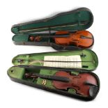Property of a gentleman - two cased violins, with bows (A/F) (2).