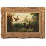 English school, late 19th / early 20th century - A DOG RAISING A DUCK WITH HUNTSMAN BEYOND - oil