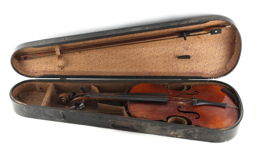 Property of a deceased estate - a 19th century violin, restorations, with bow, in 'coffin' case.