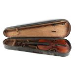 Property of a deceased estate - a 19th century violin, restorations, with bow, in 'coffin' case.