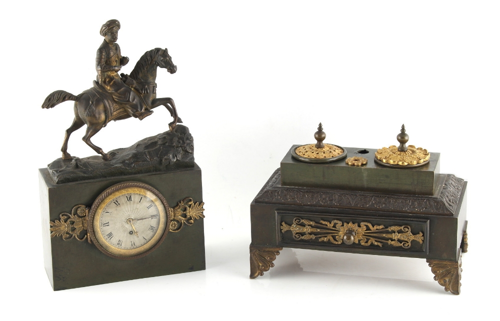 Property of a lady - a 19th century French Empire patinated bronze combined mantel clock timepiece & - Image 2 of 2