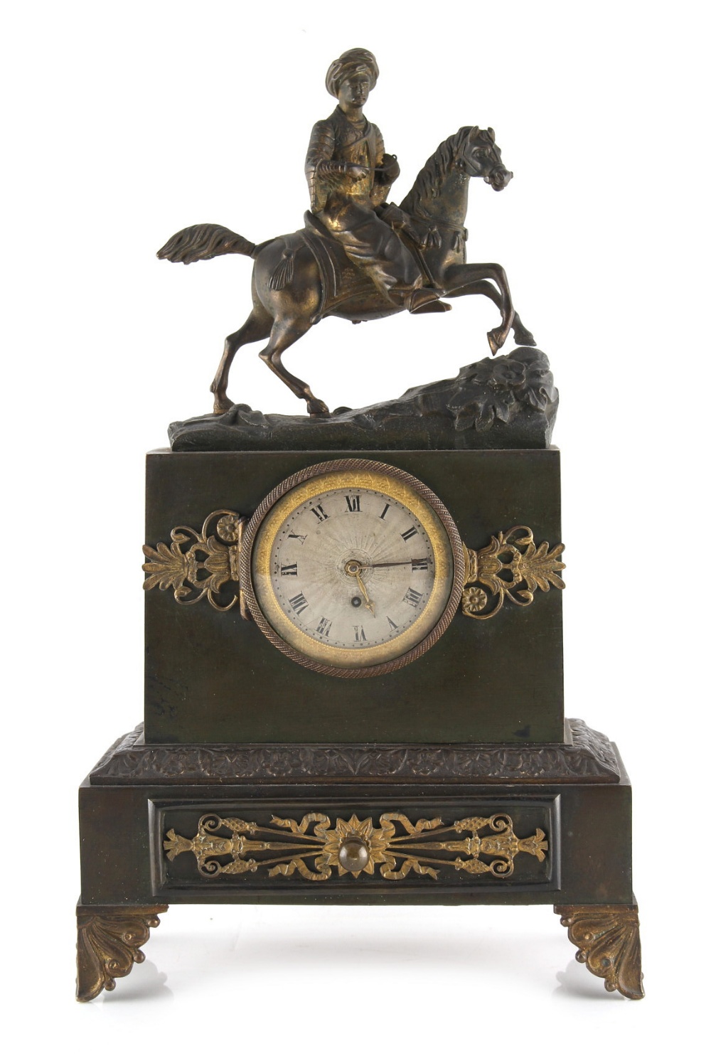 Property of a lady - a 19th century French Empire patinated bronze combined mantel clock timepiece &