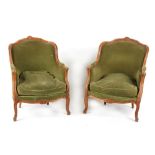 Property of a deceased estate - a pair of French Louis XV style fauteuils, with green upholstery (