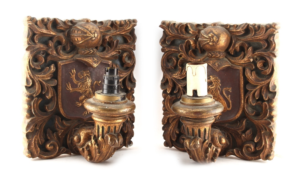 Property of a lady - a pair of early 20th century carved giltwood wall lights or appliques, each