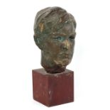 Property of a deceased estate - a bronze painted plaster bust of a young man, on wooden base, 17.