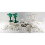 Property of a lady - a pair of Victorian green glass table lustres with petal rims, drops missing,