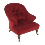 Property of a deceased estate - a Victorian walnut & burgundy upholstered armchair with turned front