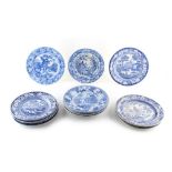 Property of a lady - a group of fifteen 19th century blue & white plates, depicting rural scenes (