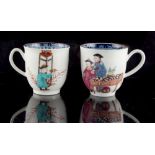 A pair of first period Worcester tea cups, painted with Chinese figures with a table & plant